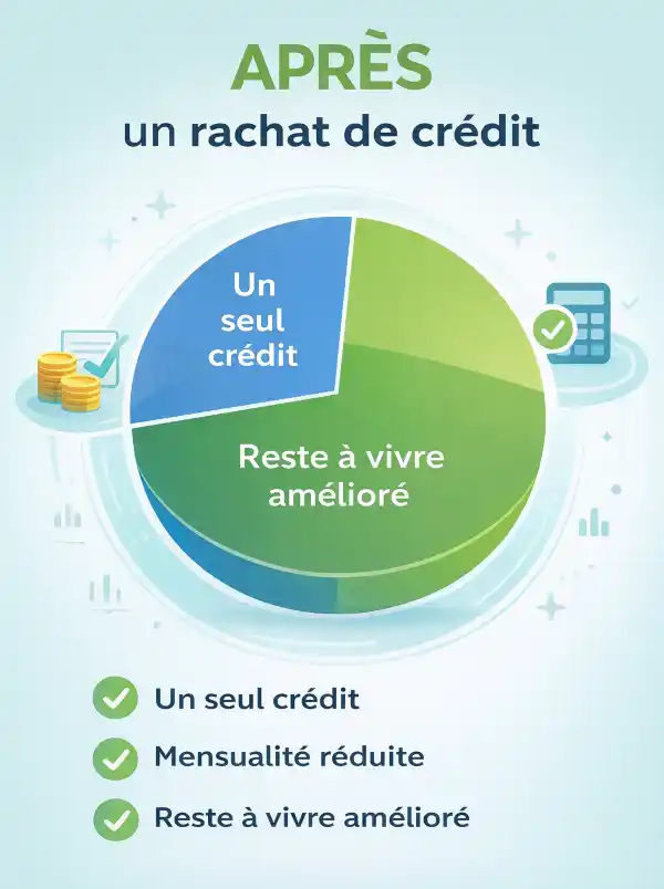 Schéma illustrant les bénéfices du rachat de crédits : un seul crédit, mensualité réduite et reste à vivre amélioré