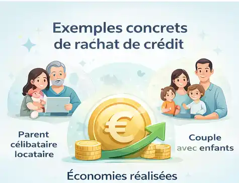 Illustration présentant des exemples de rachat de crédit pour un parent célibataire locataire et un couple avec enfants, avec économies réalisées