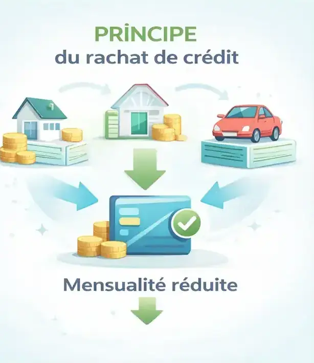 Schéma expliquant le principe du regroupement de crédit avec plusieurs prêts regroupés en un seul.