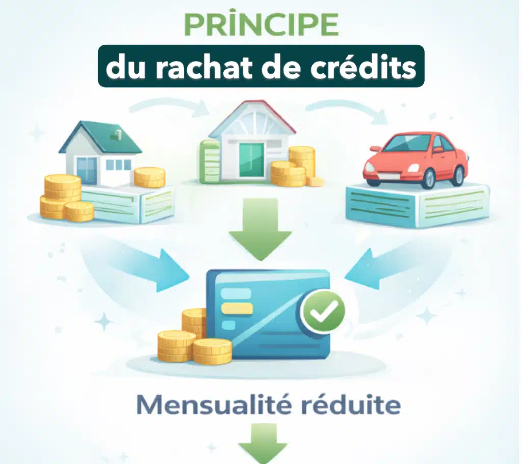 Schéma décrivant le principe d'un rachat de crédits regroupant plusieurs prêts pour réduire les mensualités